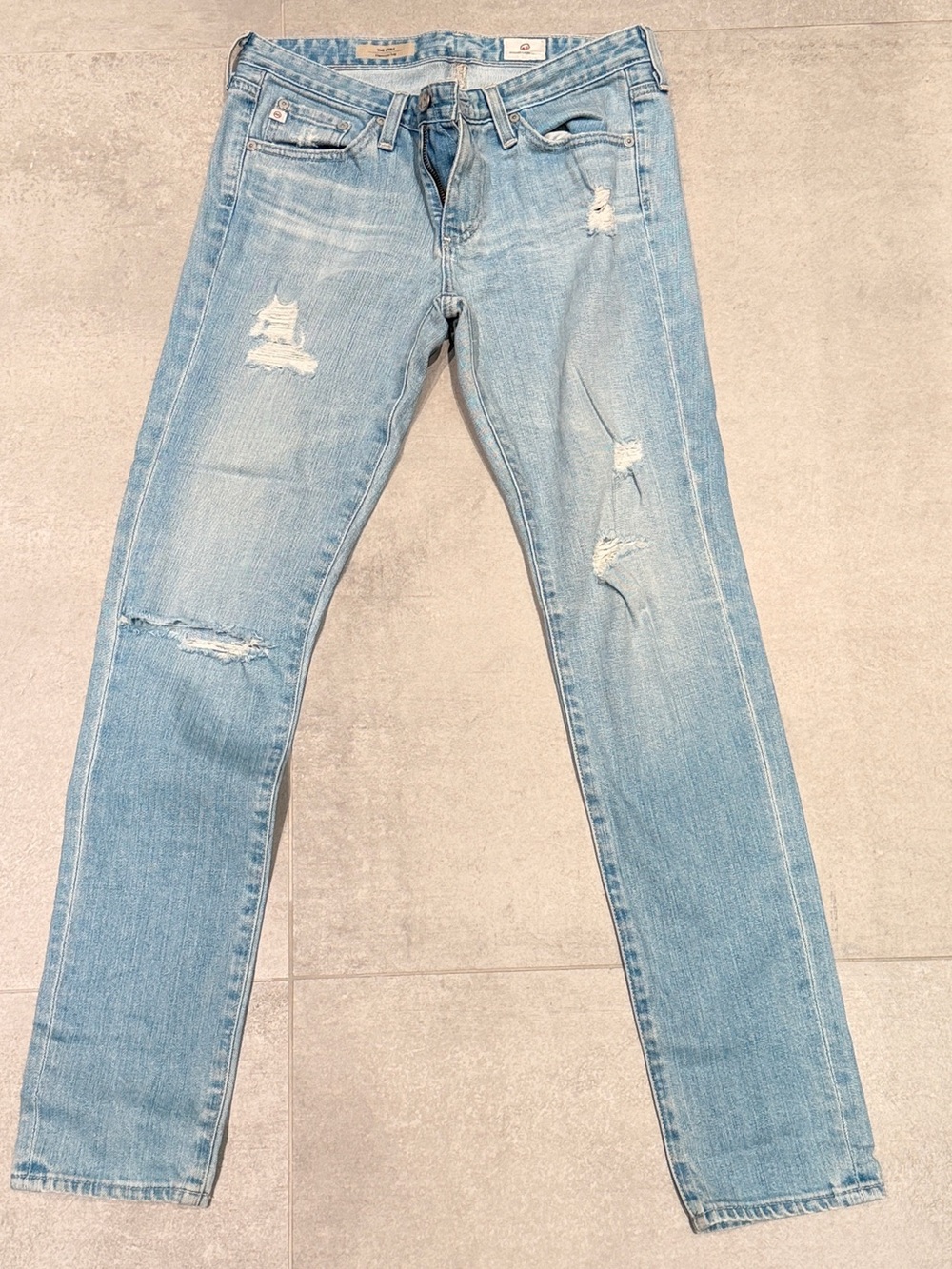 Ag Adriano Goldschmied Light Washed Jeans, distressed, The Stilt, sz 27